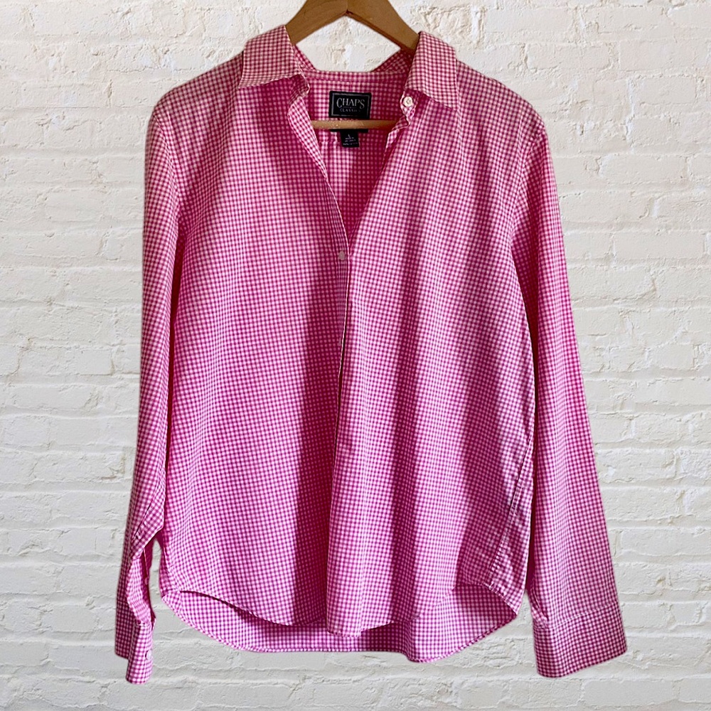 ❌SOLD❌PINK RALPH LAUREN CHAPS CHECKERED BUTTON UP SHIRT BLOUSE TOP NO IRON